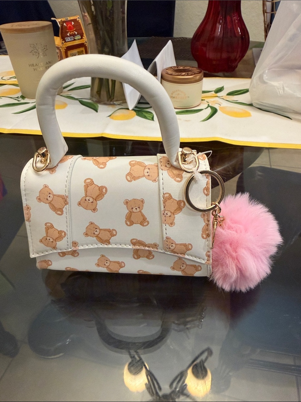 White Teddy-Print Mini Top-Handle Bag with Pink Pom Accent